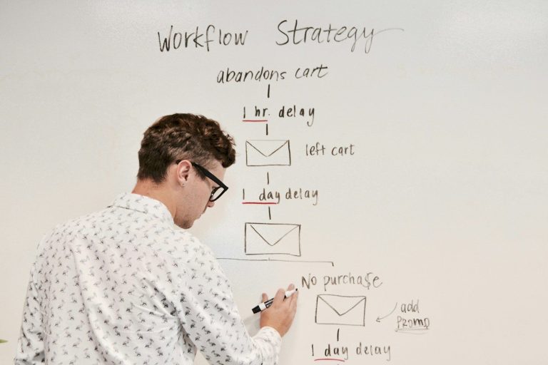Mann schreibt an einer Tafel eine Strategie mit Diagrammen und E-Mail-Symbolen.